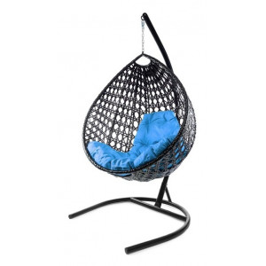 Подвесное кресло Капля Люкс с ротангом черное, голубая подушка