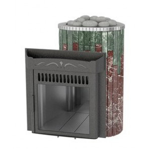 Печь Ламель Mini экран Каменный цветок Змеевик + Мрамор Россо Леванте Ферингер для русской бани